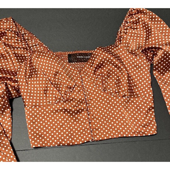Rust Polka Dot Cropped Blouse Women Size Small Long Sleeve V-Neck Code X Mode - Picture 4 of 13